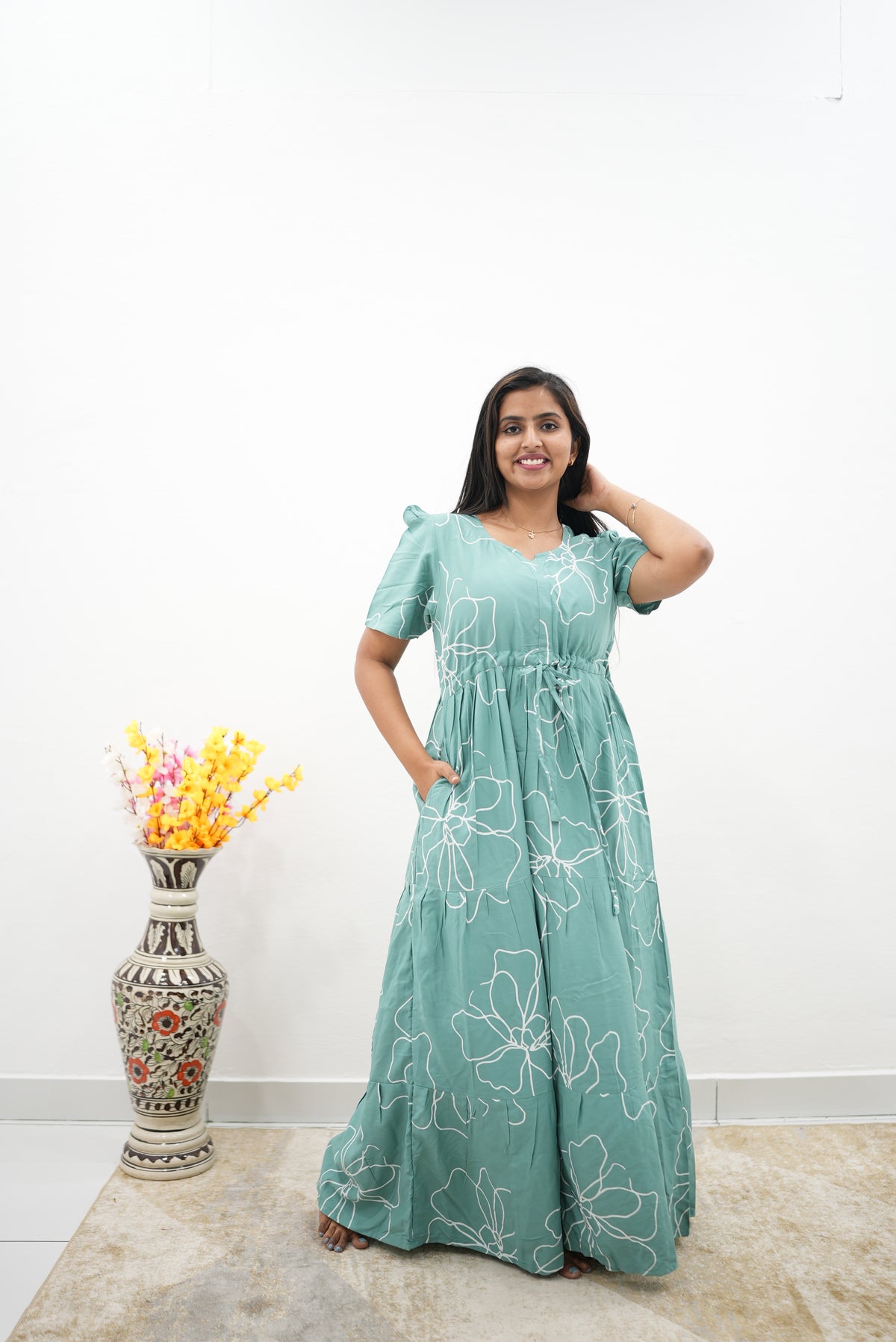 Stylish Arrivals Rayon Gathering Frock Model Night Gown's | Front Adjustable Gathering Style Rope | Puff Sleeve | Trending Collection's for Stylish Women's (FKG)