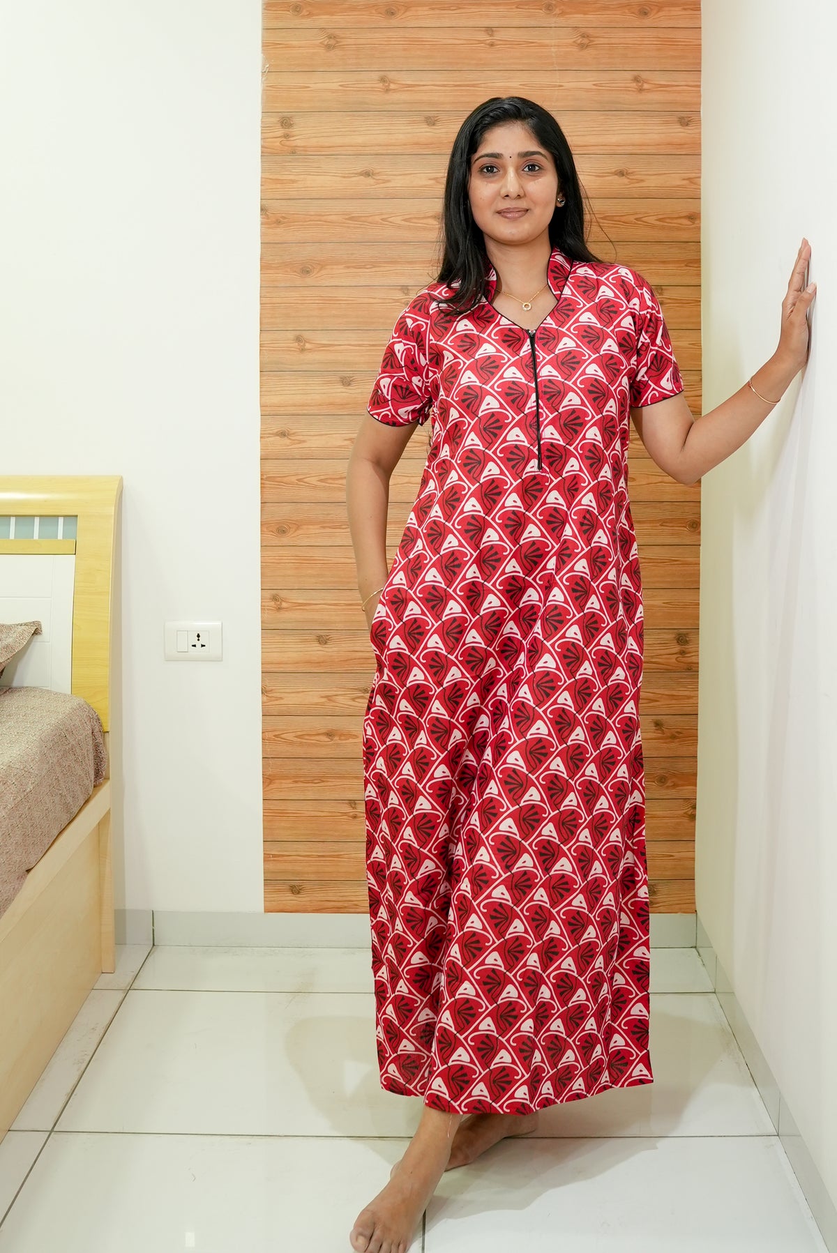 MANGAI Daily Wear Casual Comfort Fit Cotton Printed Nighties | Front open Zipper Model| Slit Open & Neck Collar Comfort Fit Daily Wear Nighties (DRN)
