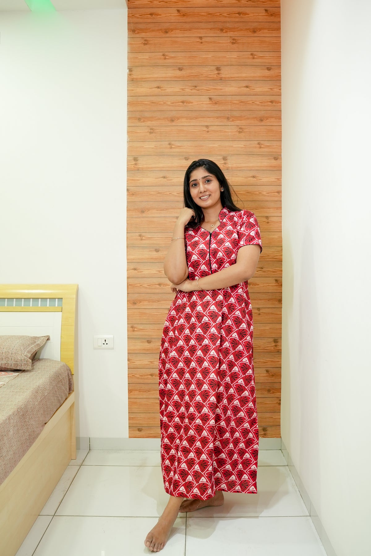 MANGAI Daily Wear Casual Comfort Fit Cotton Printed Nighties | Front open Zipper Model| Slit Open & Neck Collar Comfort Fit Daily Wear Nighties (DRN)