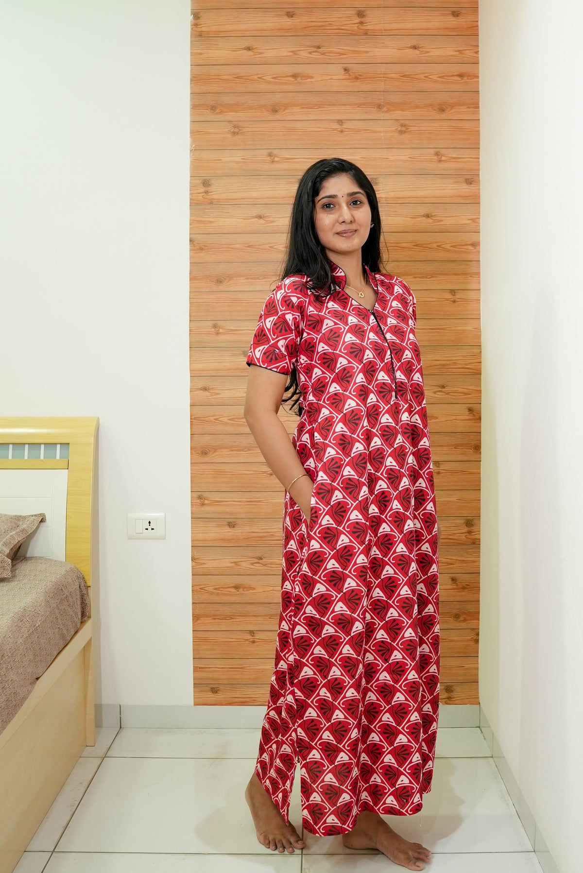 MANGAI Daily Wear Casual Comfort Fit Cotton Printed Nighties | Front open Zipper Model| Slit Open & Neck Collar Comfort Fit Daily Wear Nighties (DRN)