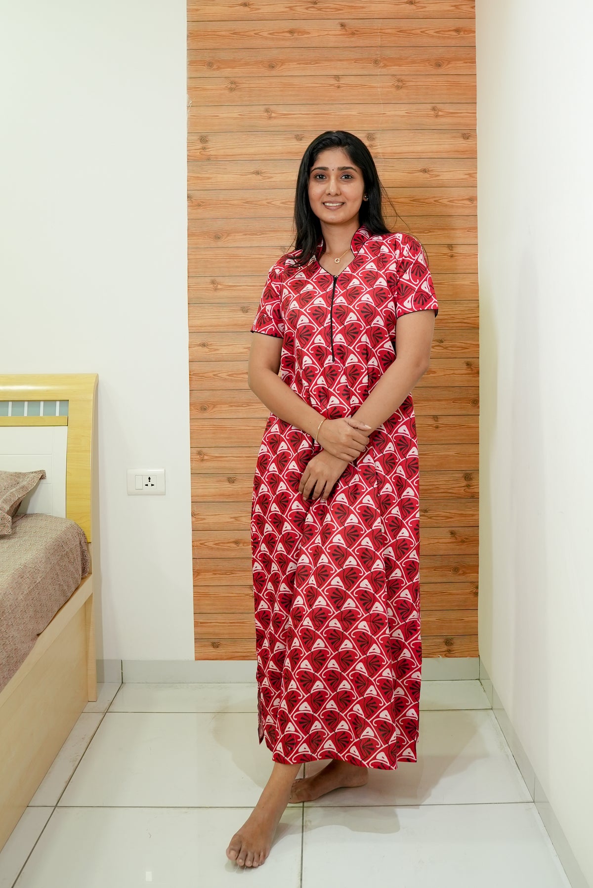 MANGAI Daily Wear Casual Comfort Fit Cotton Printed Nighties | Front open Zipper Model| Slit Open & Neck Collar Comfort Fit Daily Wear Nighties (DRN)