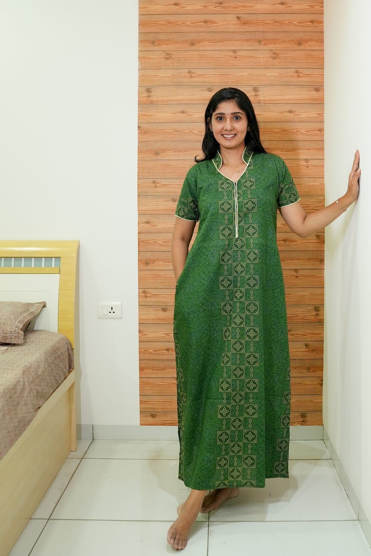 MANGAI Daily Wear Casual Comfort Fit Cotton Printed Nighties | Front open Zipper Model| Slit Open & Neck Collar Comfort Fit Daily Wear Nighties (DRN)