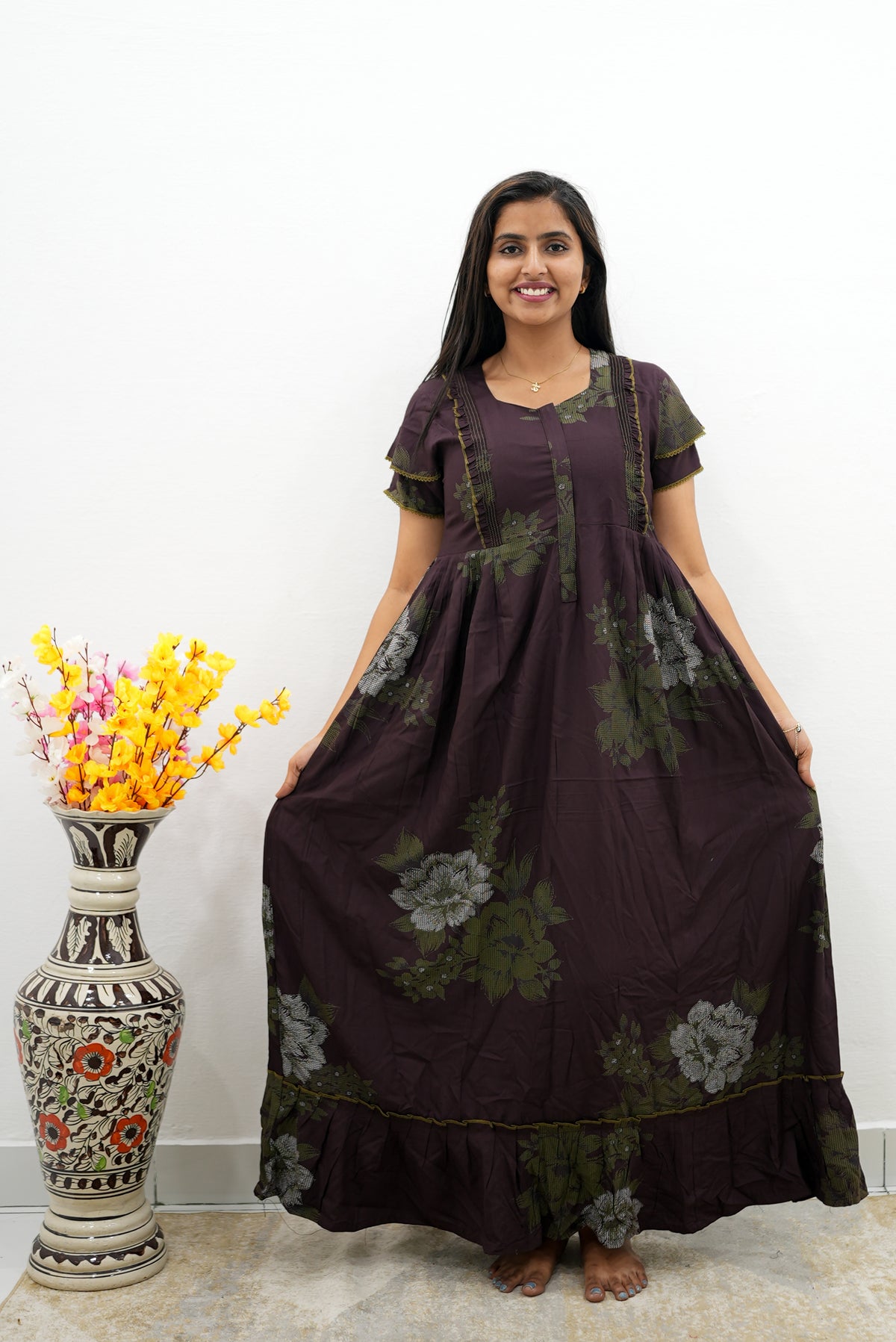 MANGAI Rayon Frock Nighties | Front Open Lengthy Zipper Comforts Feeding | Fancy Double Layered Sleeve's | Post & Pre Pregnancy's and Casual Wear | Side Pocket |Versatile Rayon Frock Night Gown's for Stylish Women's (RFF)