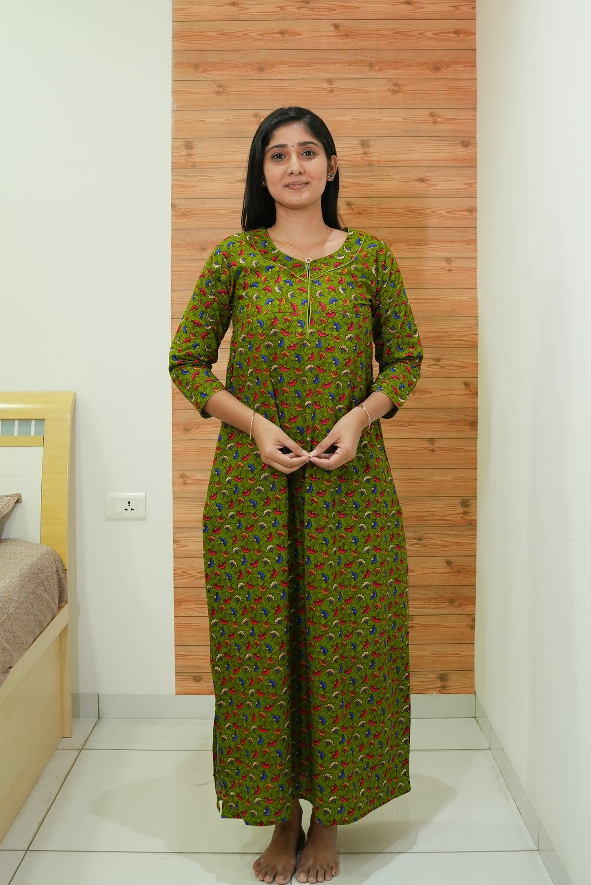 MANGAI Premium Cotton Printed Regular Comfort Long Sleeve Model Size Nighties - Fancy Neck | With Side Pocket |Shrinkage Free Nighties | Trendy Collection's for Stylish Women's (TFS)