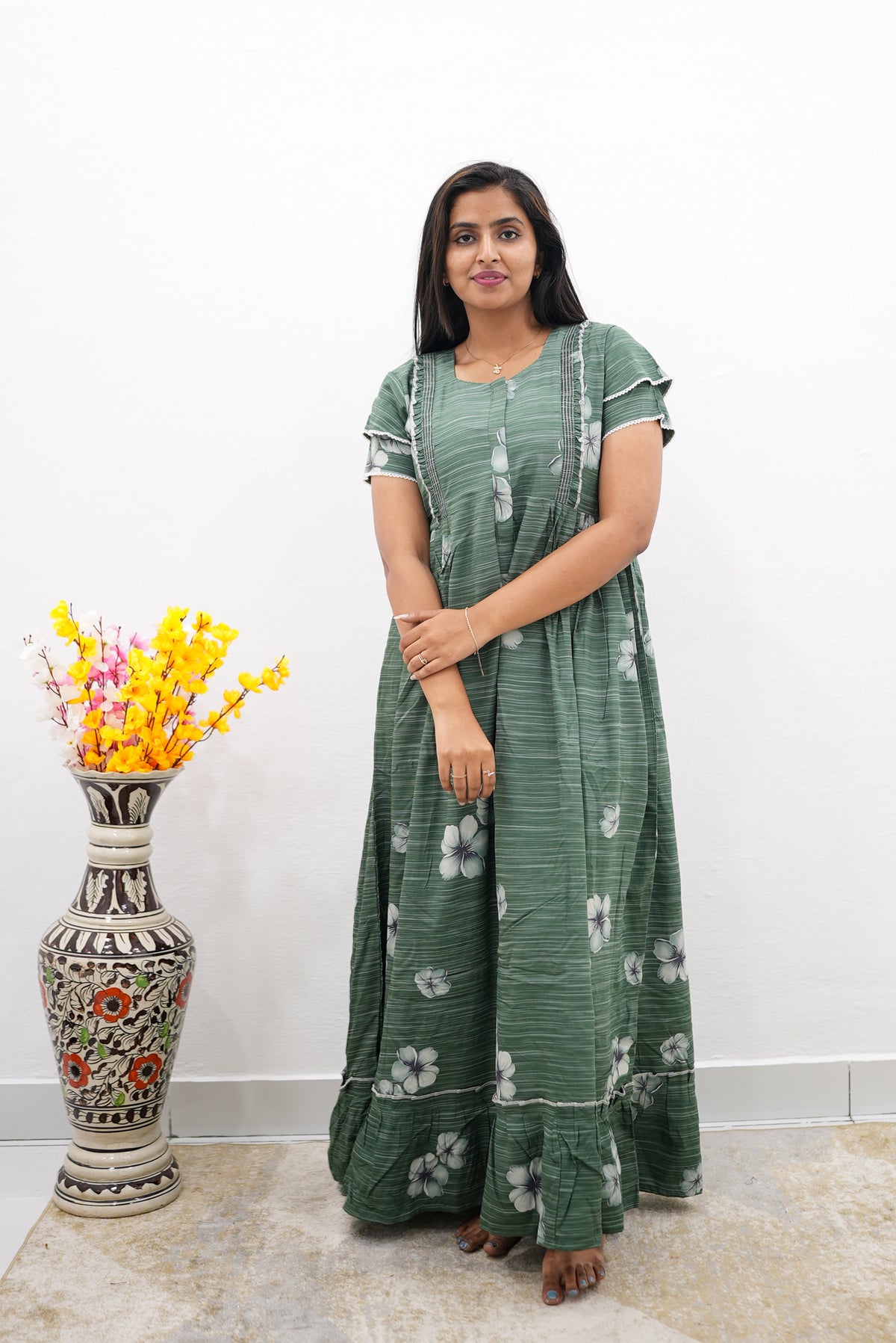 MANGAI Rayon Frock Nighties | Front Open Lengthy Zipper Comforts Feeding | Fancy Double Layered Sleeve's | Post & Pre Pregnancy's and Casual Wear | Side Pocket |Versatile Rayon Frock Night Gown's for Stylish Women's (RFF)
