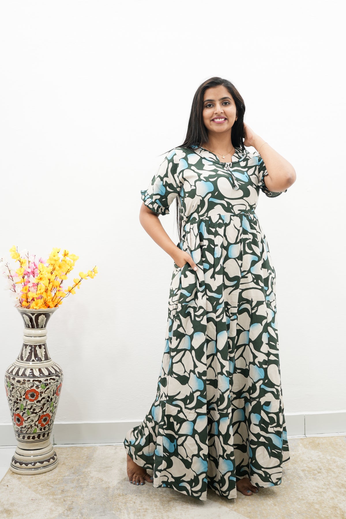Mangai 3 Layer Flared Frock Model Nighties Soft and Smooth Premium Quality Rayon Material , Fancy Frilled Sleeve, Side Pocket , Back tie Rope , Stylish Collection's for Trendy Women's (MRK)