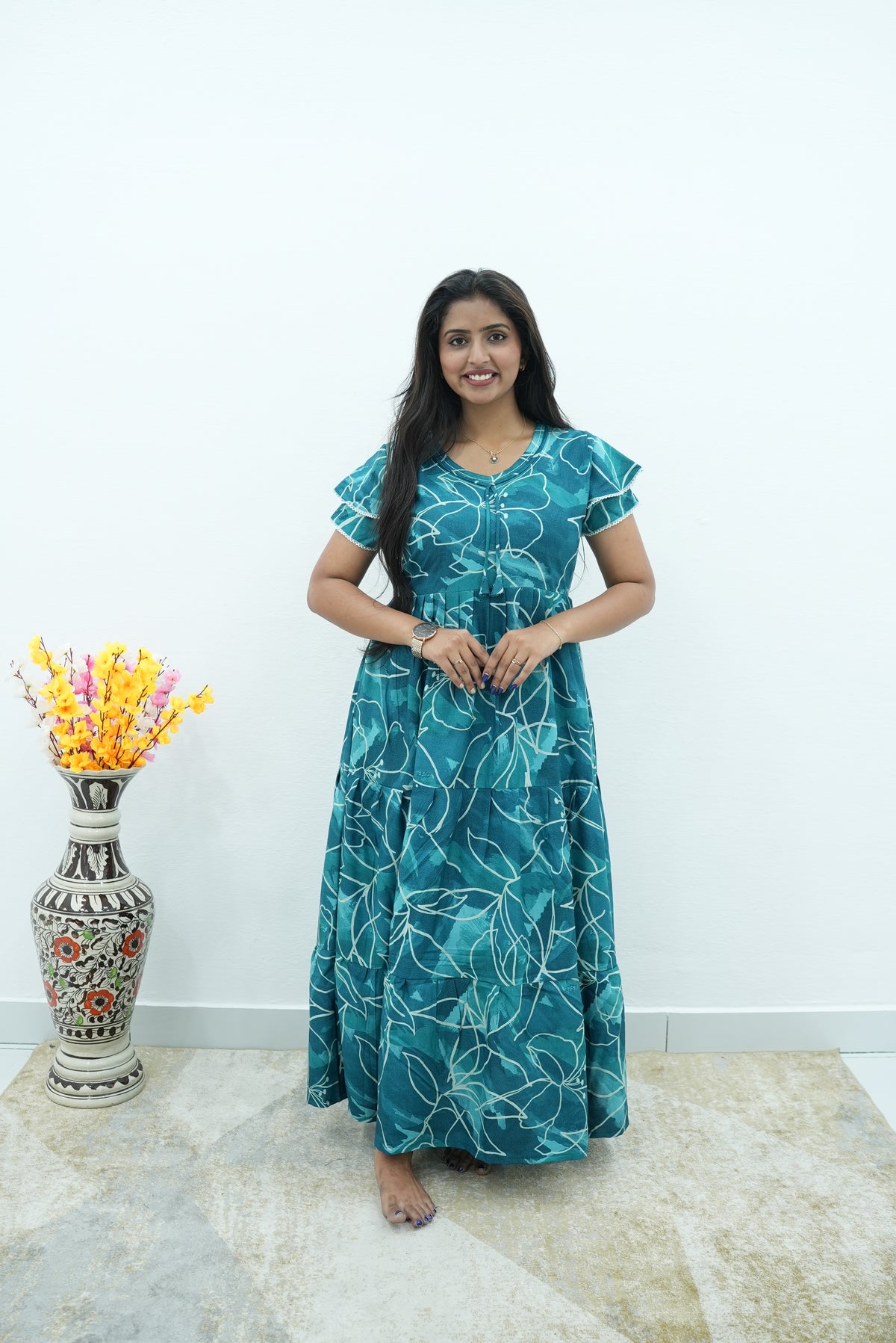 Peacock Floral Premium Alpine 3-Layer Maxi Frock – Elegant Double Layer Butterfly Sleeves with V-Neck & Adjustable Back Tie - Breathable All-Season Fabric