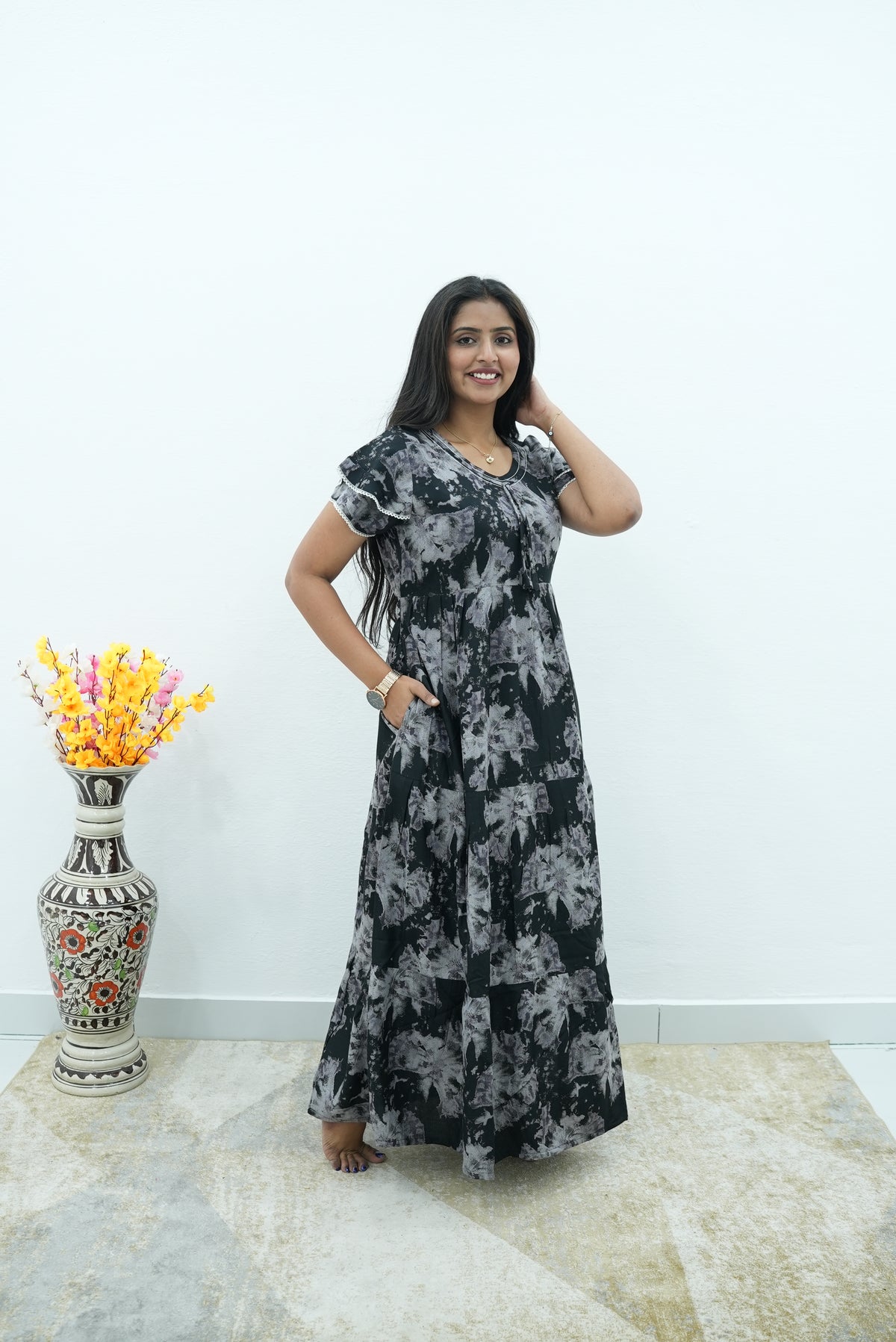 Onyx Midnight Premium Alpine 3-Layer Maxi Frock – Designer Double Layer Butterfly Sleeves with Piping V-Neck & Adjustable Back Tie