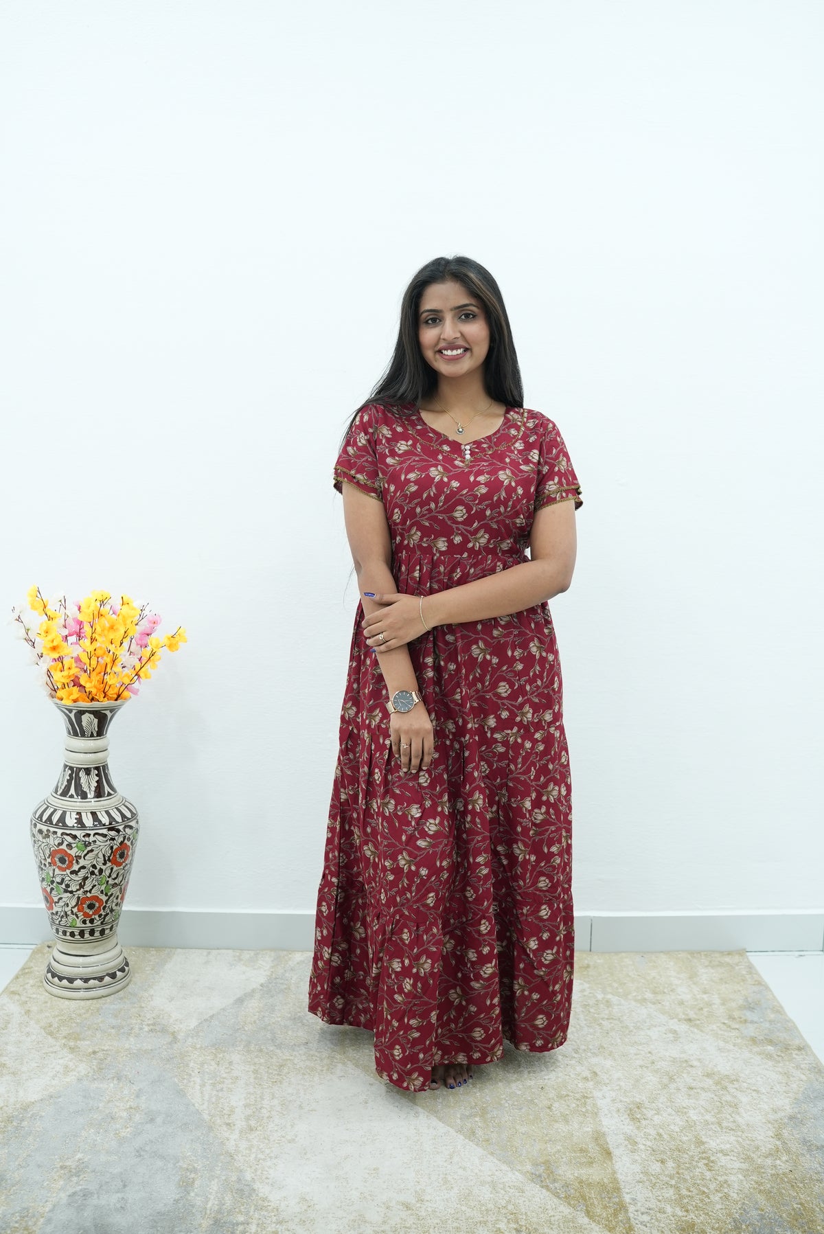 Burgundy Vine Premium Alpine 3-Layer Maxi Frock – Designer Double Layer Butterfly Sleeves with Elegant Square Neck & Adjustable Back Tie