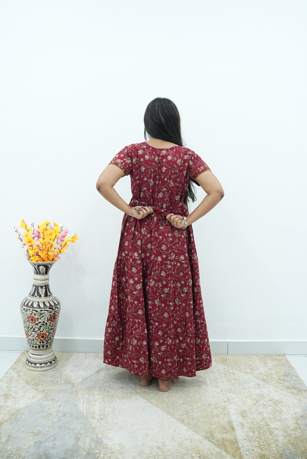 Burgundy Vine Premium Alpine 3-Layer Maxi Frock – Designer Double Layer Butterfly Sleeves with Elegant Square Neck & Adjustable Back Tie