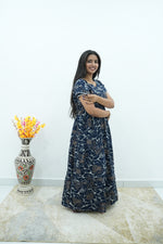 Premium Alpine 3-Layer Slate Geometric Maxi Frock – Double Layer Flutter Sleeves with Square Neck & Adjustable Back Tie