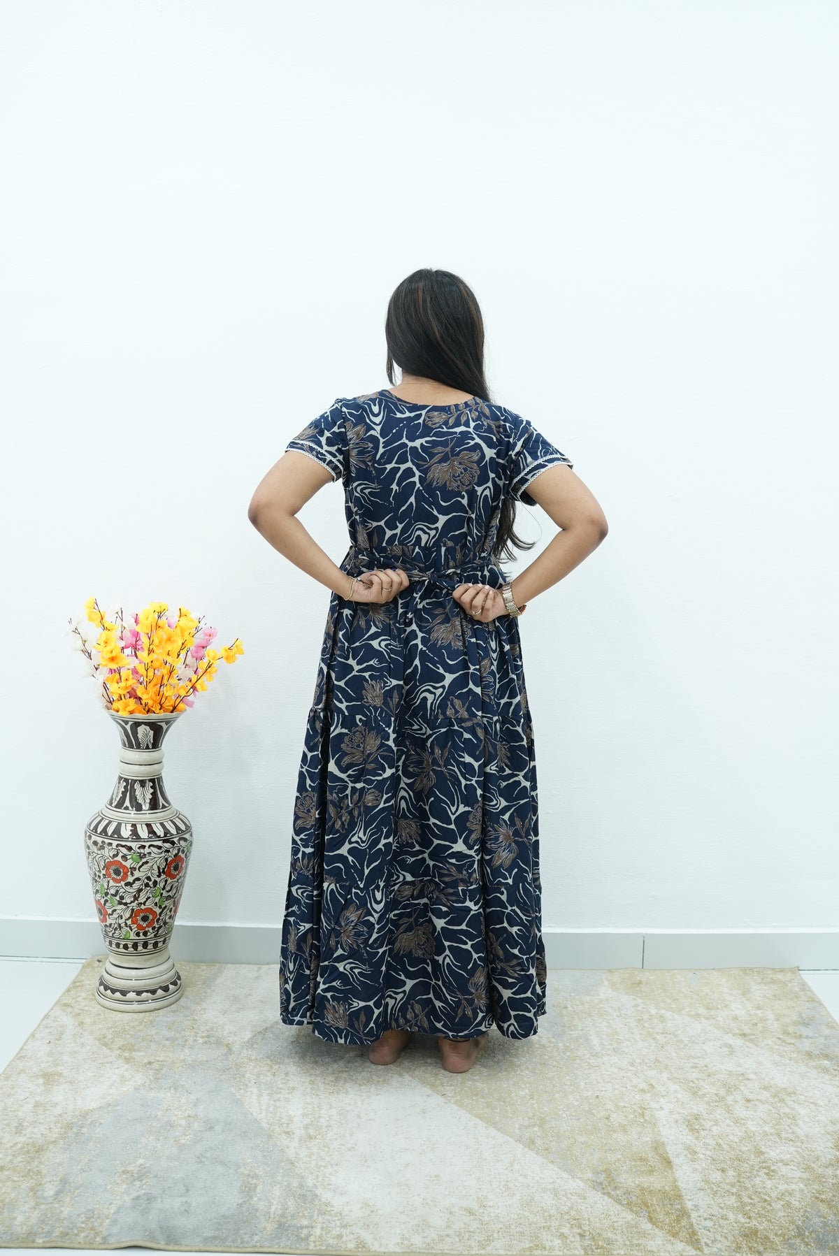 Premium Alpine 3-Layer Slate Geometric Maxi Frock – Double Layer Flutter Sleeves with Square Neck & Adjustable Back Tie
