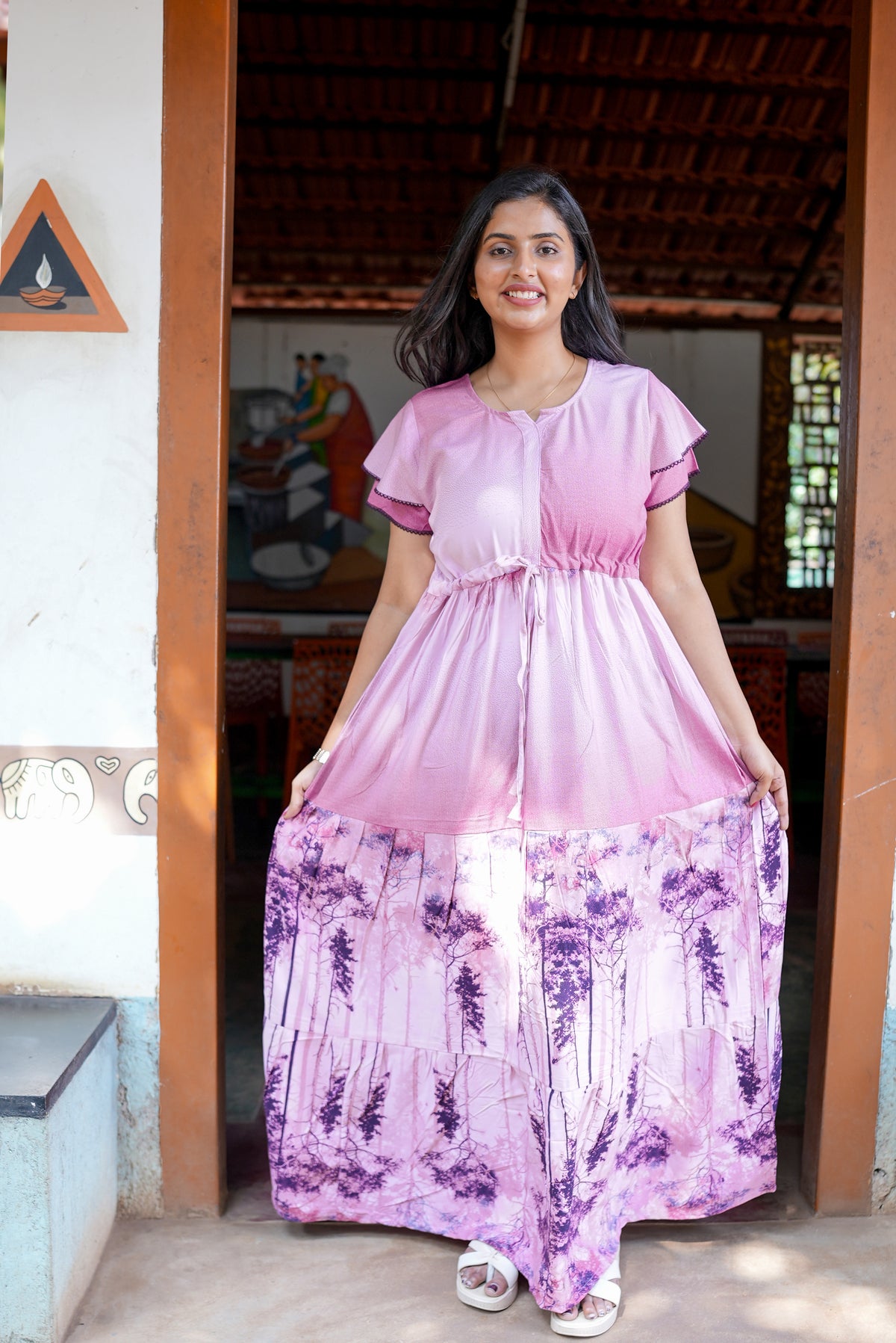 Stylish Arrivals Rayon Gathering Frock Model Night Gown's | Front Adjustable Gathering Style Rope Rope | Double Layer Sleeve | Trending Collection's for Stylish Women's (FKG)