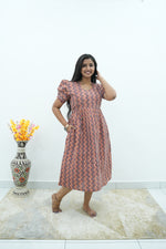 Katha Printed Earth-Tone Geometric Premium Cotton Maternity Maxi – Dual Invisible Zipper Feeding Dress with Stylish Square Neck & Puff Sleeves