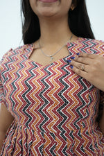Katha Printed Earth-Tone Geometric Premium Cotton Maternity Maxi – Dual Invisible Zipper Feeding Dress with Stylish Square Neck & Puff Sleeves