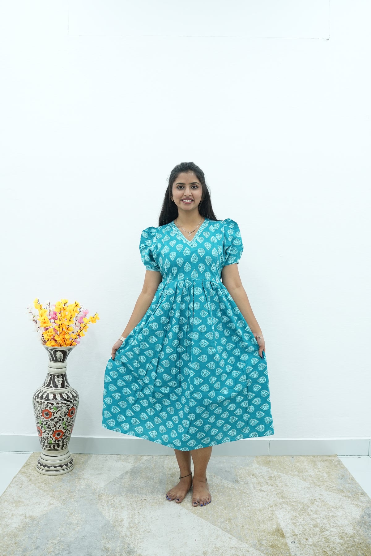 Teal Leaf Premium Cotton Maternity Maxi – Dual Invisible Zipper Nursing Dress with Romantic Puff Sleeves & V-Neckline Casual & Maternity MAXI Frock