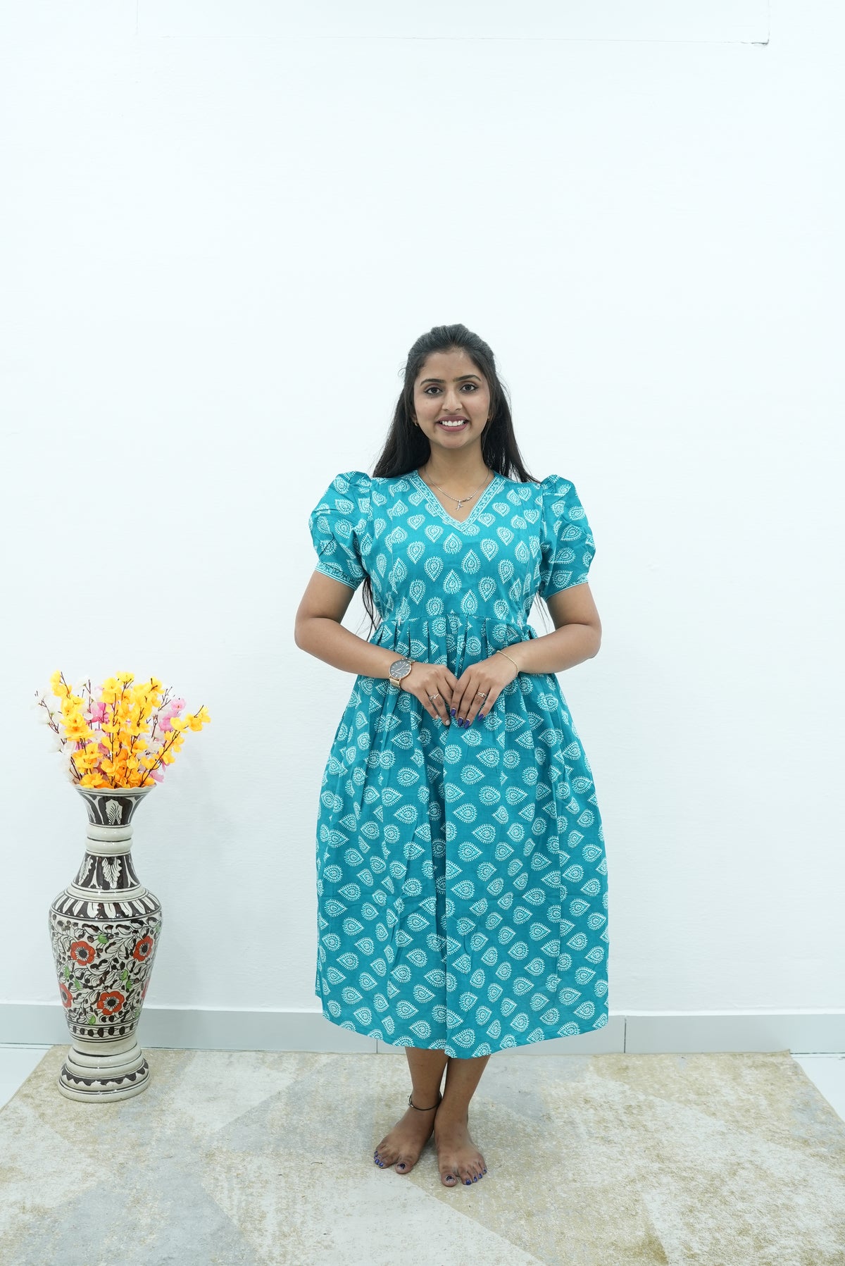 Teal Leaf Premium Cotton Maternity Maxi – Dual Invisible Zipper Nursing Dress with Romantic Puff Sleeves & V-Neckline Casual & Maternity MAXI Frock