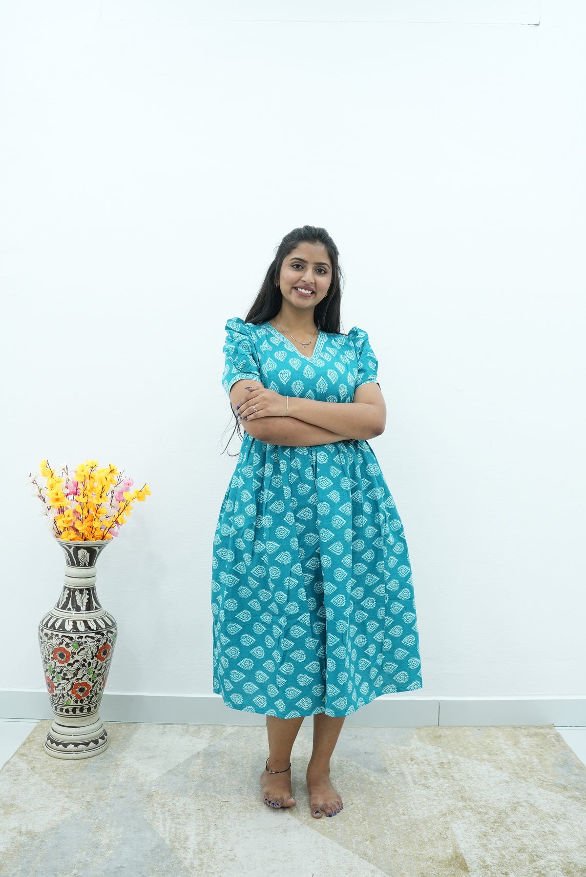 Teal Leaf Premium Cotton Maternity Maxi – Dual Invisible Zipper Nursing Dress with Romantic Puff Sleeves & V-Neckline Casual & Maternity MAXI Frock