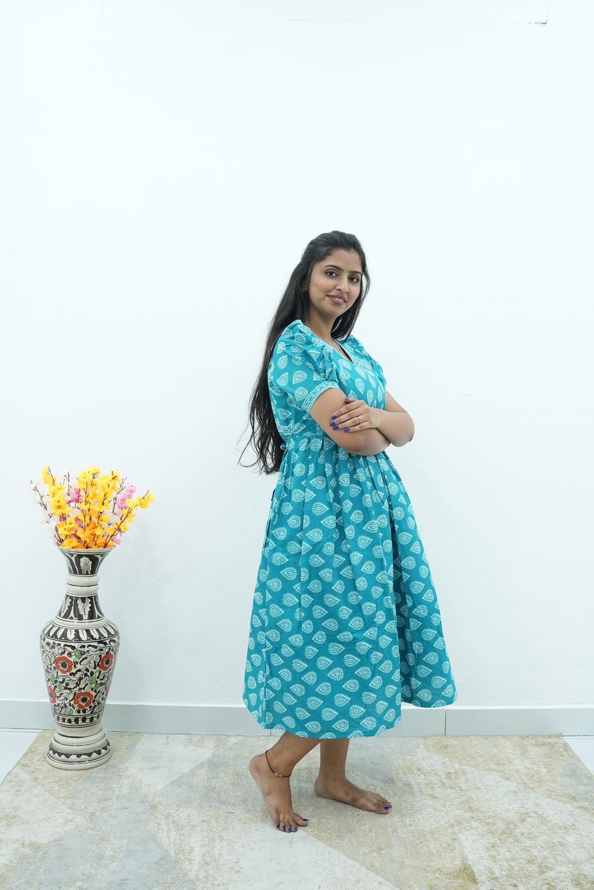Teal Leaf Premium Cotton Maternity Maxi – Dual Invisible Zipper Nursing Dress with Romantic Puff Sleeves & V-Neckline Casual & Maternity MAXI Frock