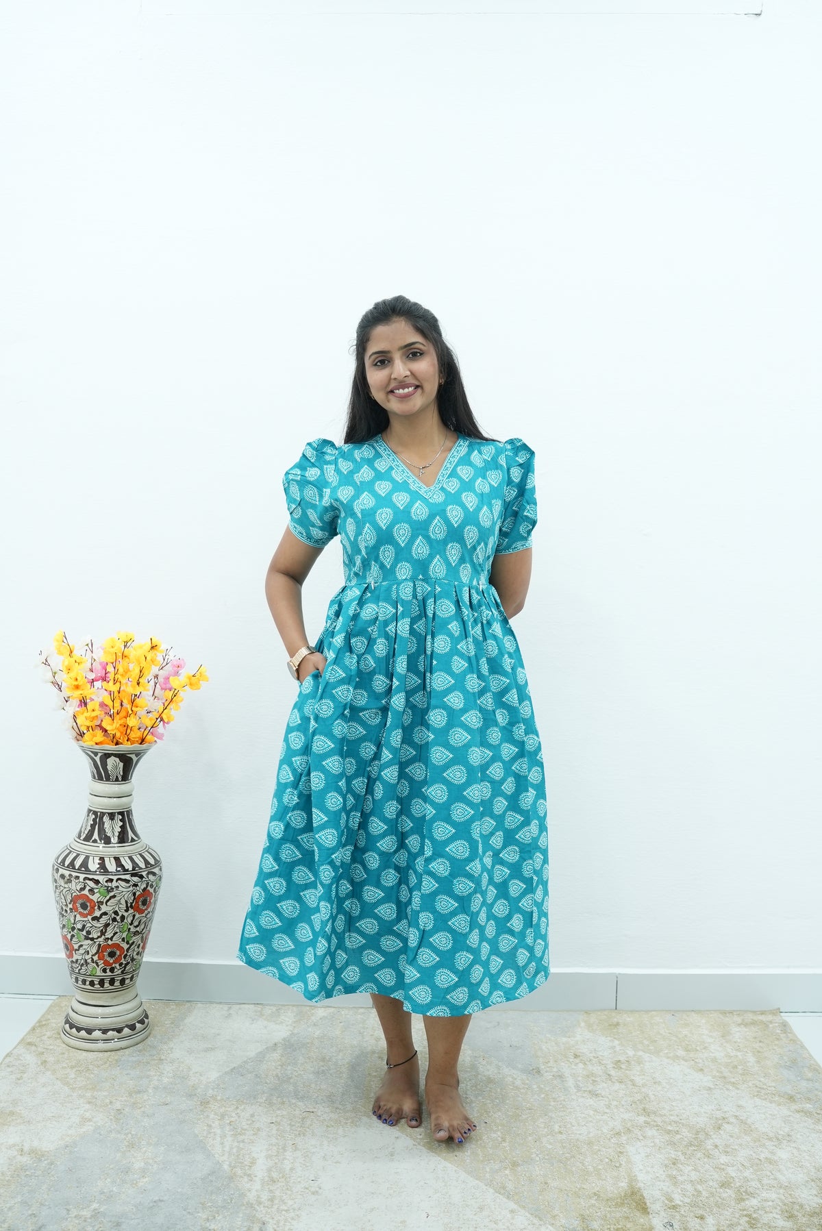 Teal Leaf Premium Cotton Maternity Maxi – Dual Invisible Zipper Nursing Dress with Romantic Puff Sleeves & V-Neckline Casual & Maternity MAXI Frock