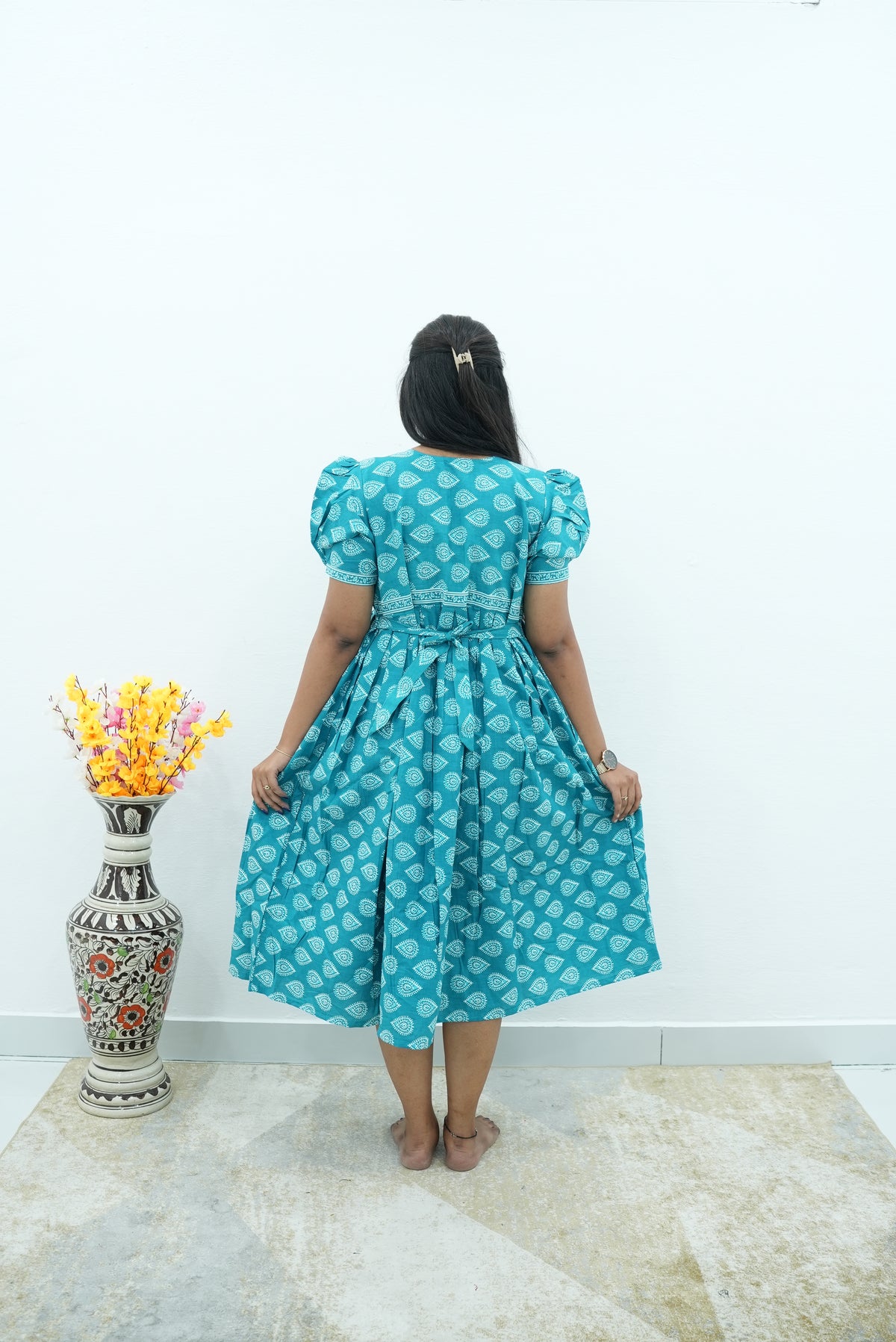 Teal Leaf Premium Cotton Maternity Maxi – Dual Invisible Zipper Nursing Dress with Romantic Puff Sleeves & V-Neckline Casual & Maternity MAXI Frock