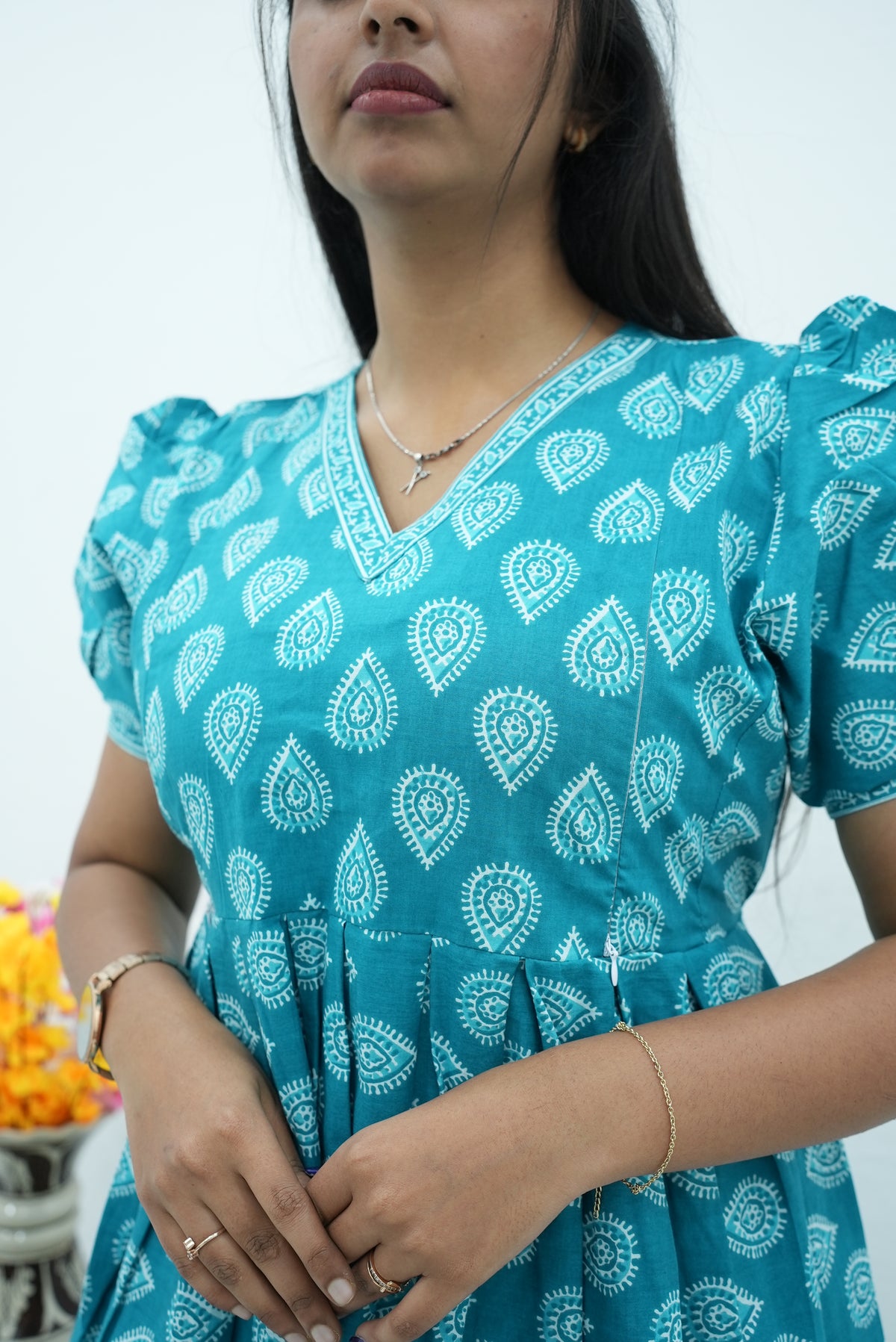 Teal Leaf Premium Cotton Maternity Maxi – Dual Invisible Zipper Nursing Dress with Romantic Puff Sleeves & V-Neckline Casual & Maternity MAXI Frock