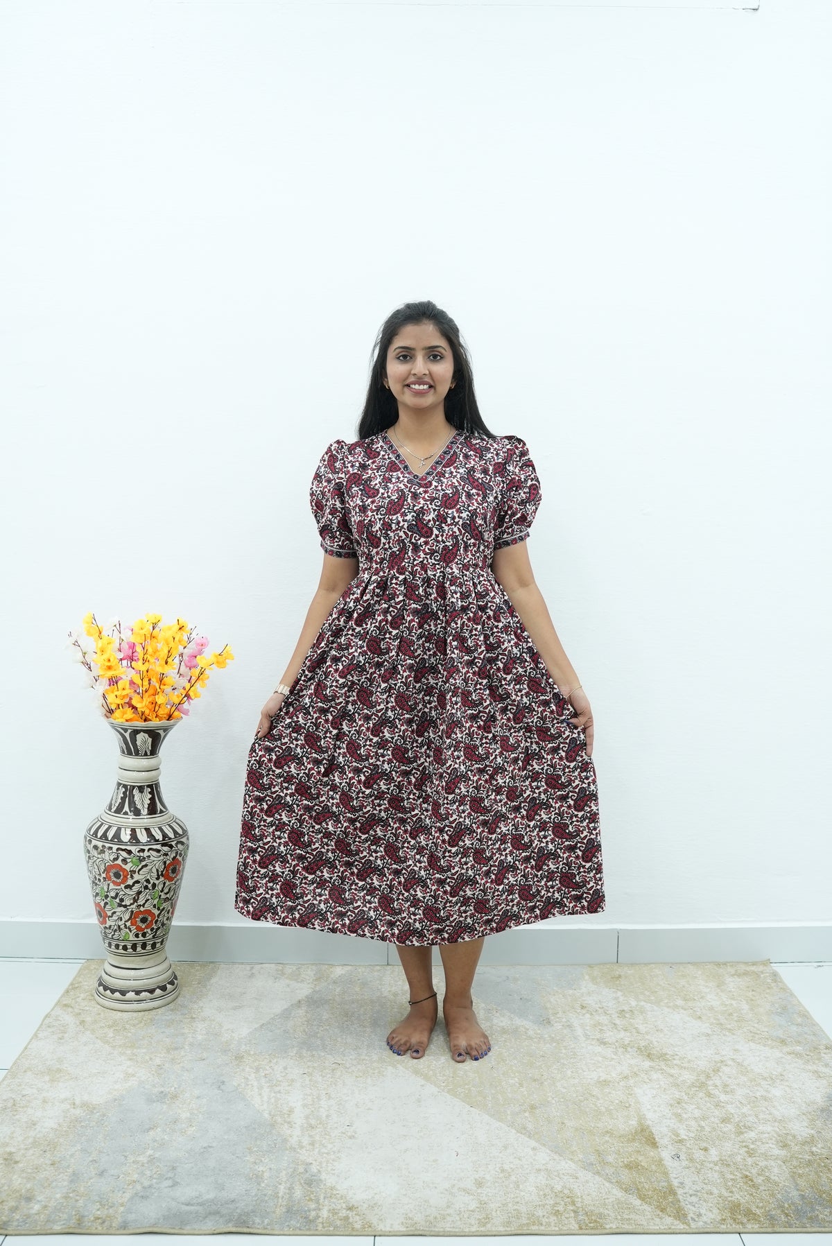 Paisley Premium Cotton Maternity Maxi – Dual Invisible Zipper Feeding Dress with Puff Sleeves & Elegant V-Neck