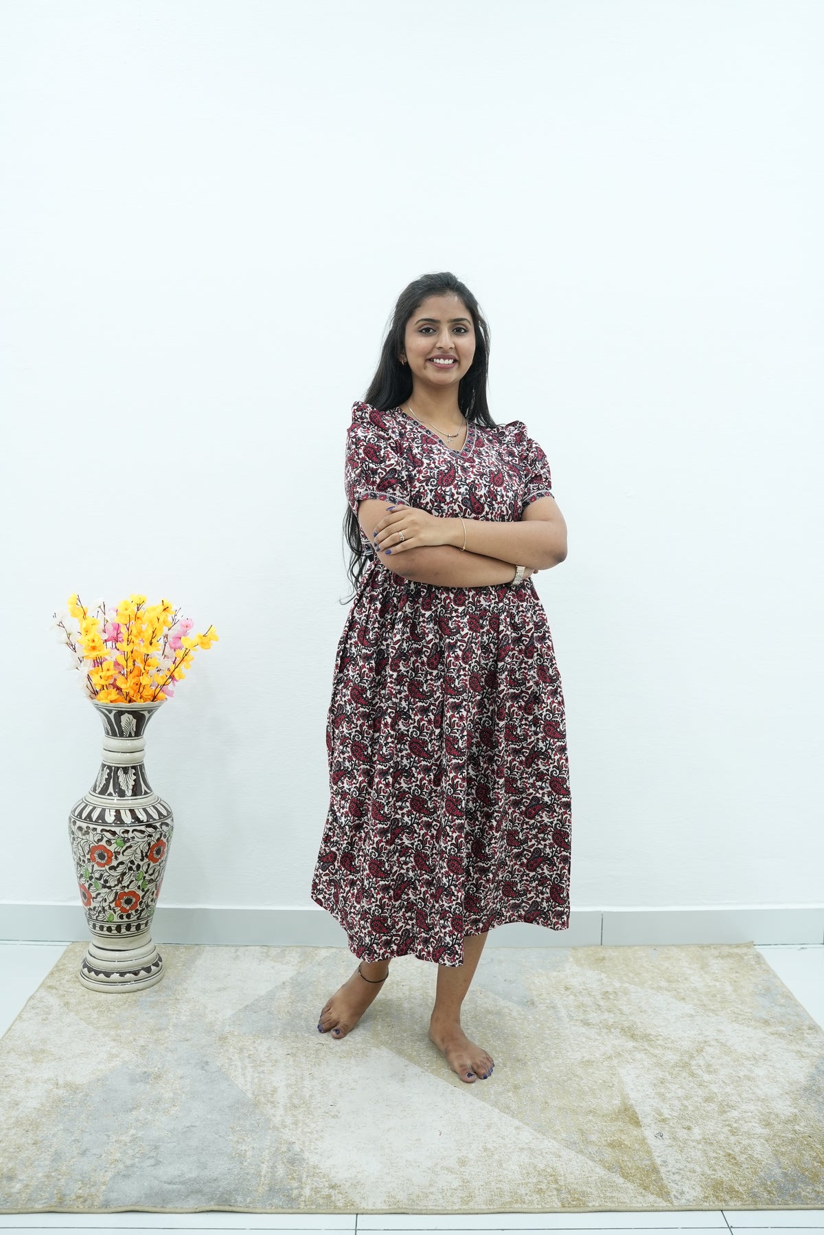 Paisley Premium Cotton Maternity Maxi – Dual Invisible Zipper Feeding Dress with Puff Sleeves & Elegant V-Neck