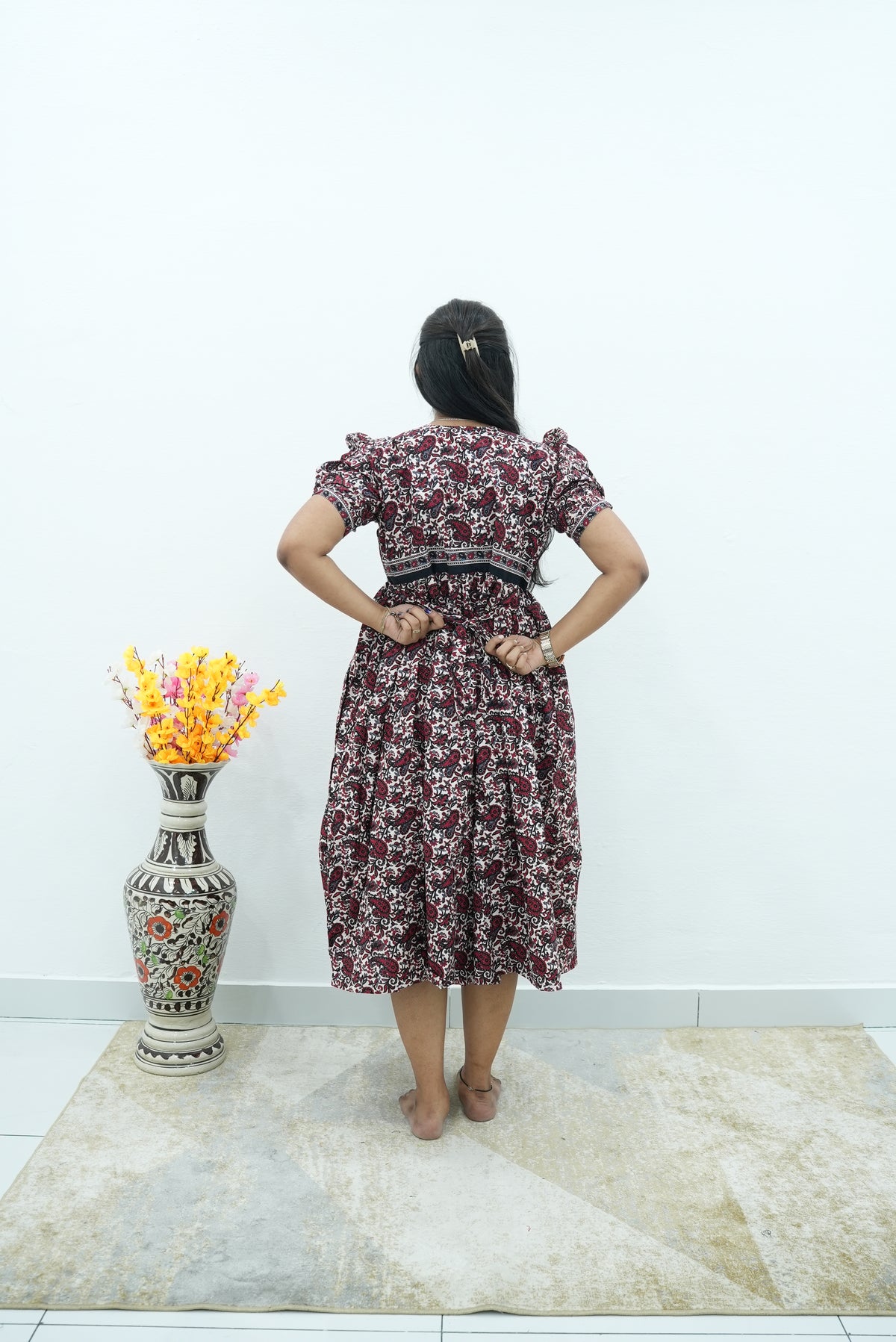 Paisley Premium Cotton Maternity Maxi – Dual Invisible Zipper Feeding Dress with Puff Sleeves & Elegant V-Neck