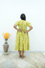 Lime Blossom Premium Cotton Maternity Maxi – Dual Invisible Zipper Nursing Dress with Elegant Puff Sleeves & Scalloped Square Neck