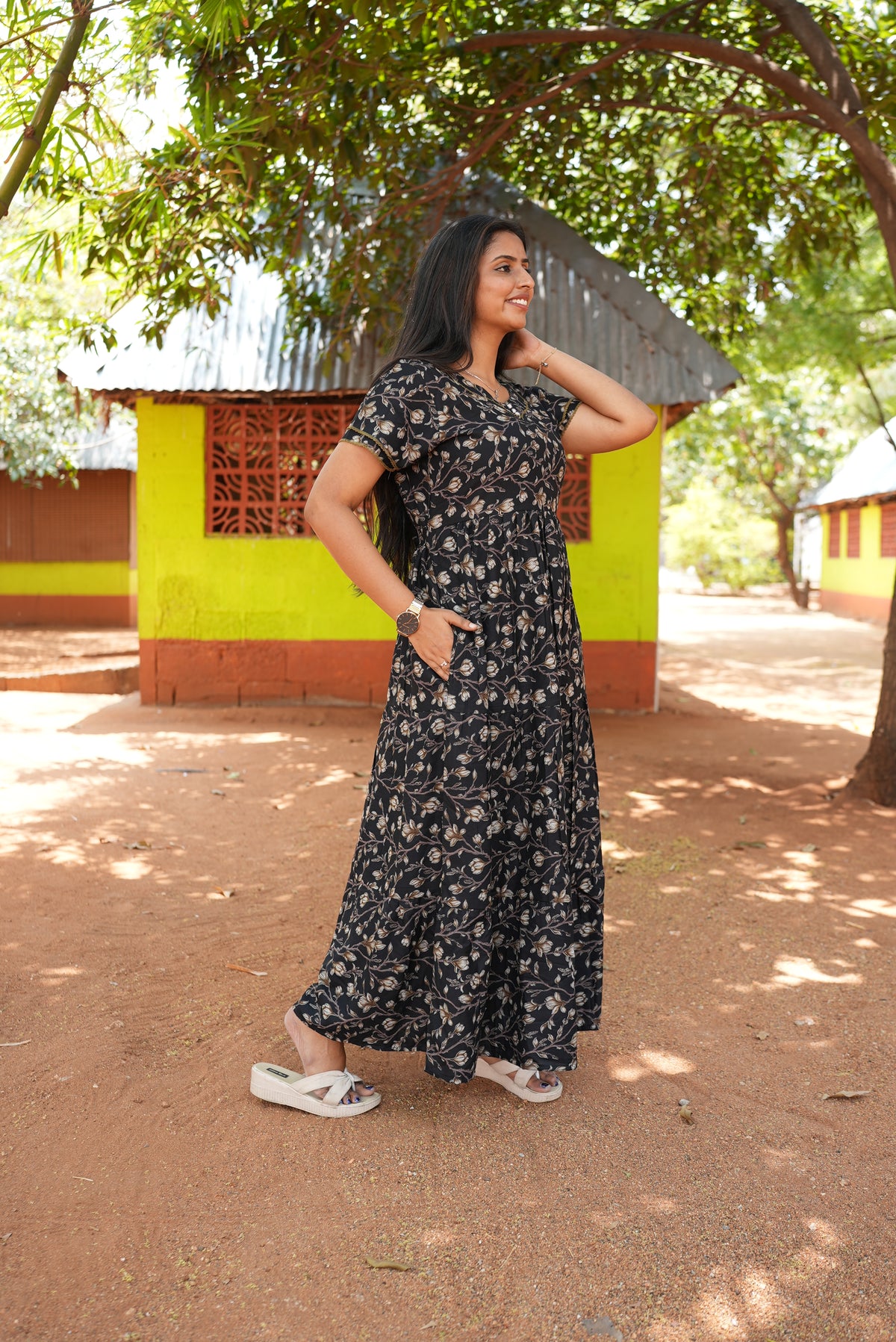 Burgundy Vine Premium Alpine 3-Layer Maxi Frock – Designer Double Layer Butterfly Sleeves with Elegant Square Neck & Adjustable Back Tie