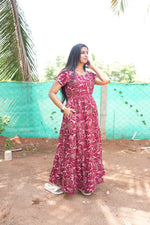 Premium Alpine 3-Layer Slate Geometric Maxi Frock – Double Layer Flutter Sleeves with Square Neck & Adjustable Back Tie