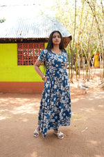 Premium Alpine 3-Layer Navy Bloom Maxi Frock – Botanical Print with Double Layer Flutter Sleeves, Square Neck & Adjustable Back Tie