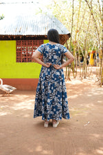 Premium Alpine 3-Layer Navy Bloom Maxi Frock – Botanical Print with Double Layer Flutter Sleeves, Square Neck & Adjustable Back Tie