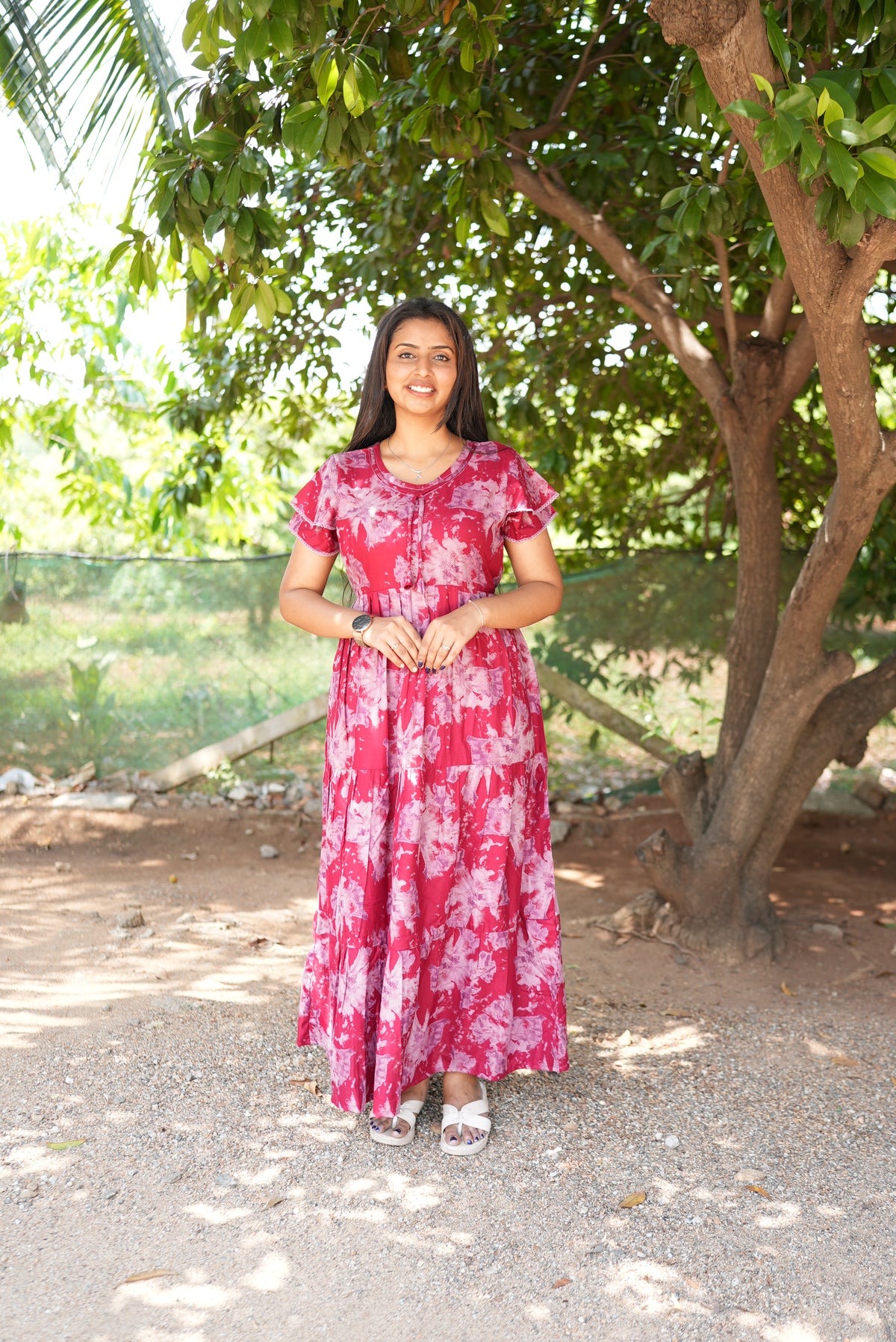 Onyx Midnight Premium Alpine 3-Layer Maxi Frock – Designer Double Layer Butterfly Sleeves with Piping V-Neck & Adjustable Back Tie