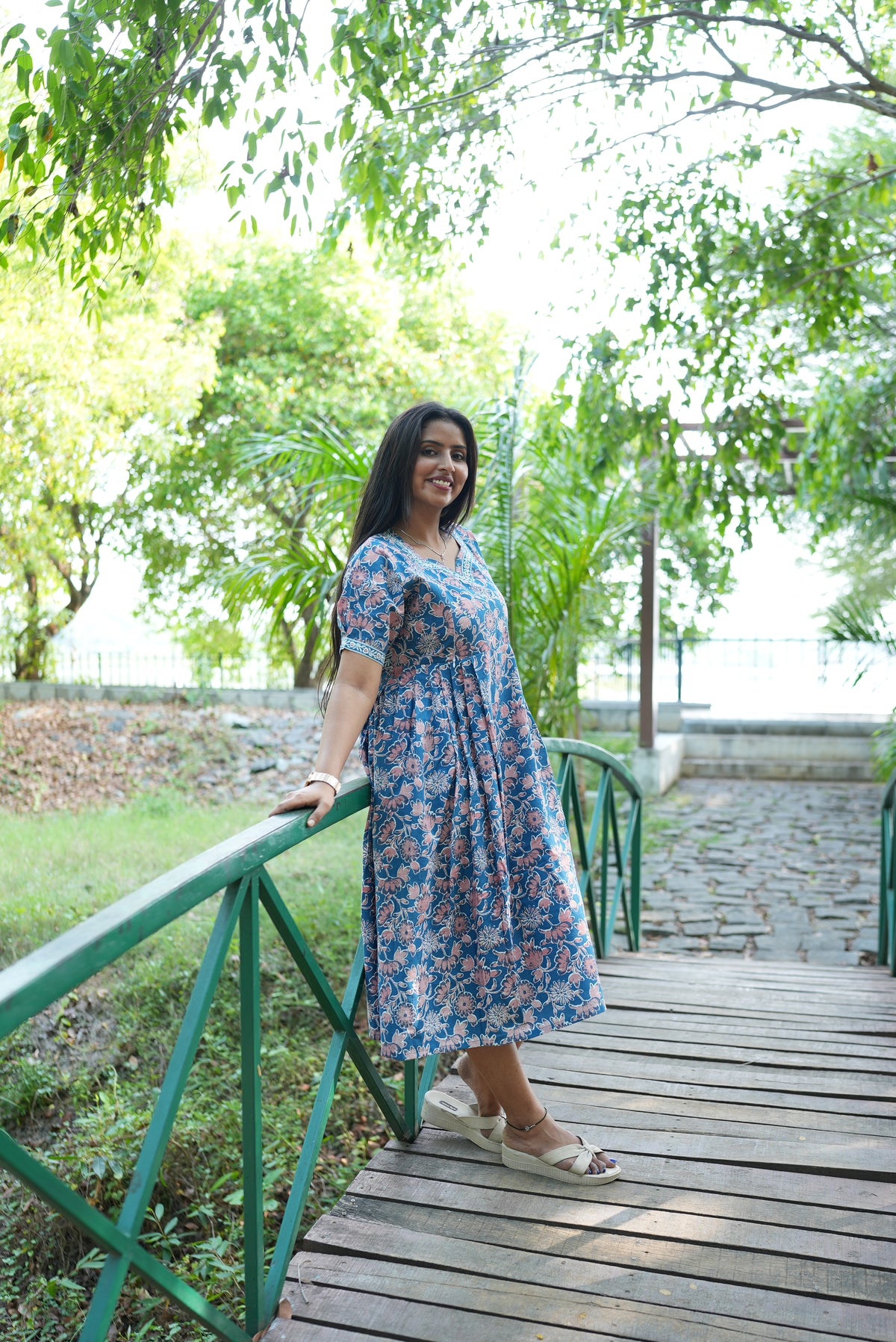 Dusty Blue Floral Premium Cotton Maternity Maxi – Dual Invisible Zipper Nursing Dress with Square Neck & Comfort Regular Sleeves