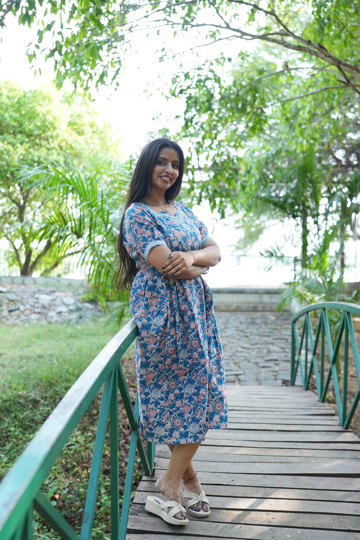 Dusty Blue Floral Premium Cotton Maternity Maxi – Dual Invisible Zipper Nursing Dress with Square Neck & Comfort Regular Sleeves
