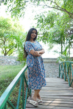 Dusty Blue Floral Premium Cotton Maternity Maxi – Dual Invisible Zipper Nursing Dress with Square Neck & Comfort Regular Sleeves