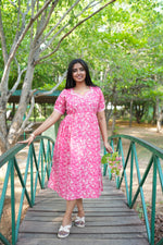 Blush Pink Botanical Maternity Maxi Frock – Invisible Dual Feeding Zippers with Square Neck & Puff Sleeves in Soft Premium Cotton