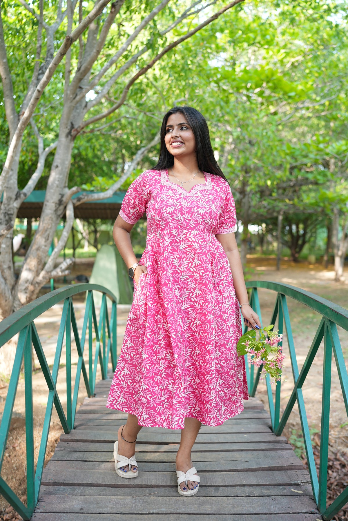Blush Pink Botanical Maternity Maxi Frock – Invisible Dual Feeding Zippers with Square Neck & Puff Sleeves in Soft Premium Cotton