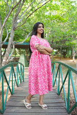 Blush Pink Botanical Maternity Maxi Frock – Invisible Dual Feeding Zippers with Square Neck & Puff Sleeves in Soft Premium Cotton