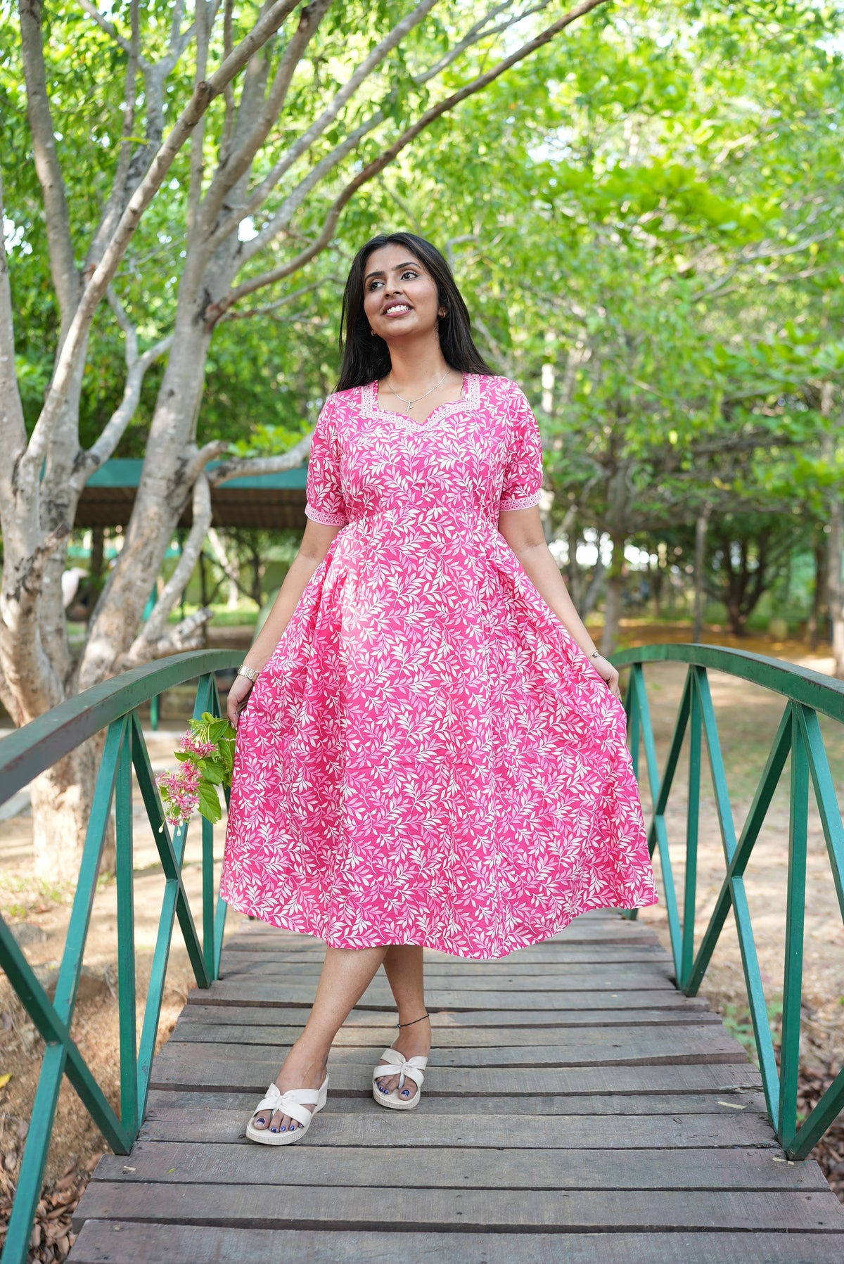 Blush Pink Botanical Maternity Maxi Frock – Invisible Dual Feeding Zippers with Square Neck & Puff Sleeves in Soft Premium Cotton
