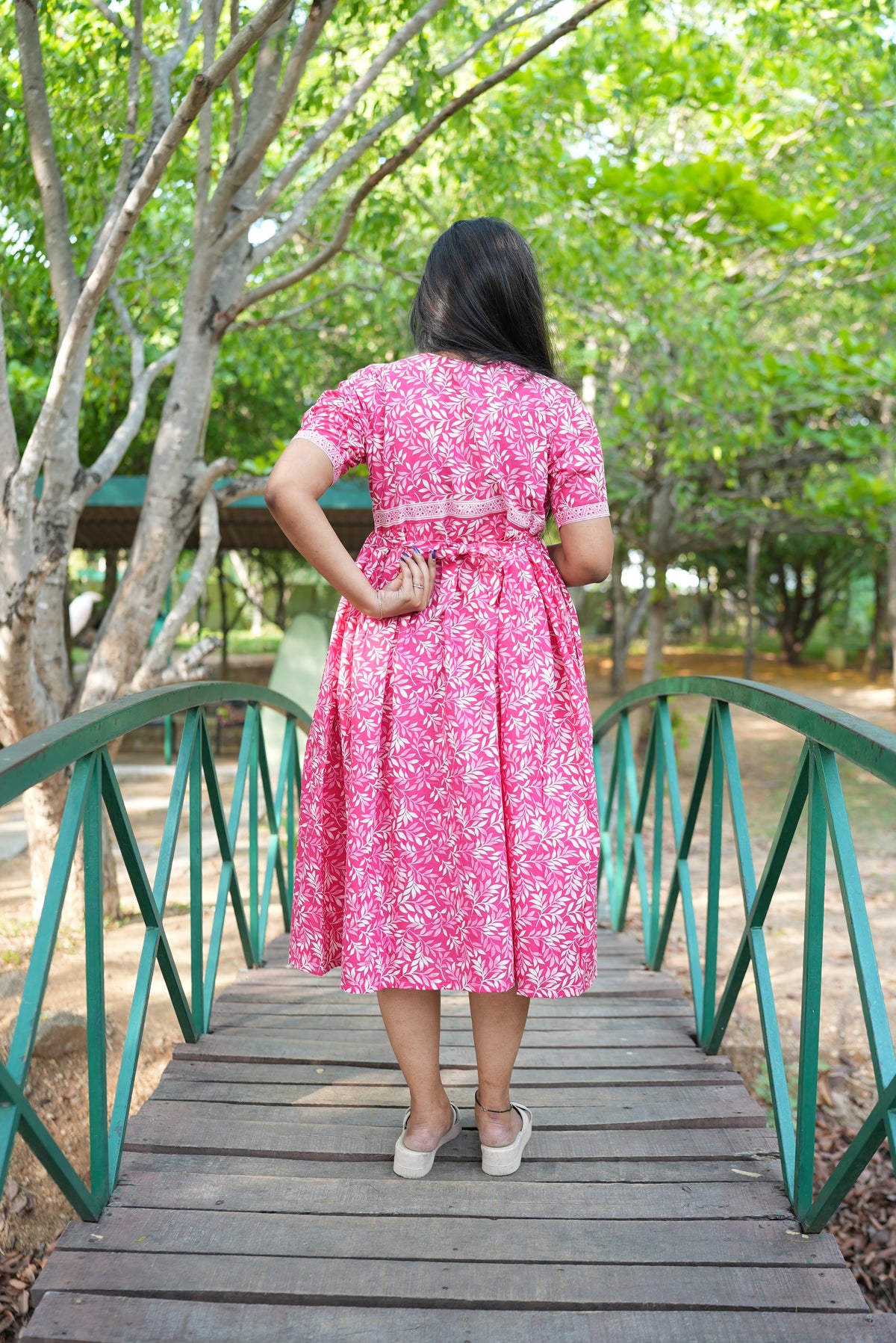 Blush Pink Botanical Maternity Maxi Frock – Invisible Dual Feeding Zippers with Square Neck & Puff Sleeves in Soft Premium Cotton