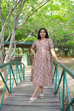 Berry Kalamkari Premium Cotton Maternity Maxi – Dual Invisible Zipper Feeding Dress with Square Neck & RegularSleeves