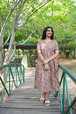 Berry Kalamkari Premium Cotton Maternity Maxi – Dual Invisible Zipper Feeding Dress with Square Neck & RegularSleeves