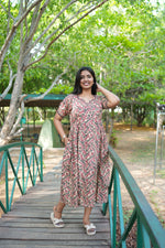 Berry Kalamkari Premium Cotton Maternity Maxi – Dual Invisible Zipper Feeding Dress with Square Neck & RegularSleeves