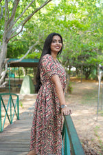 Berry Kalamkari Premium Cotton Maternity Maxi – Dual Invisible Zipper Feeding Dress with Square Neck & RegularSleeves