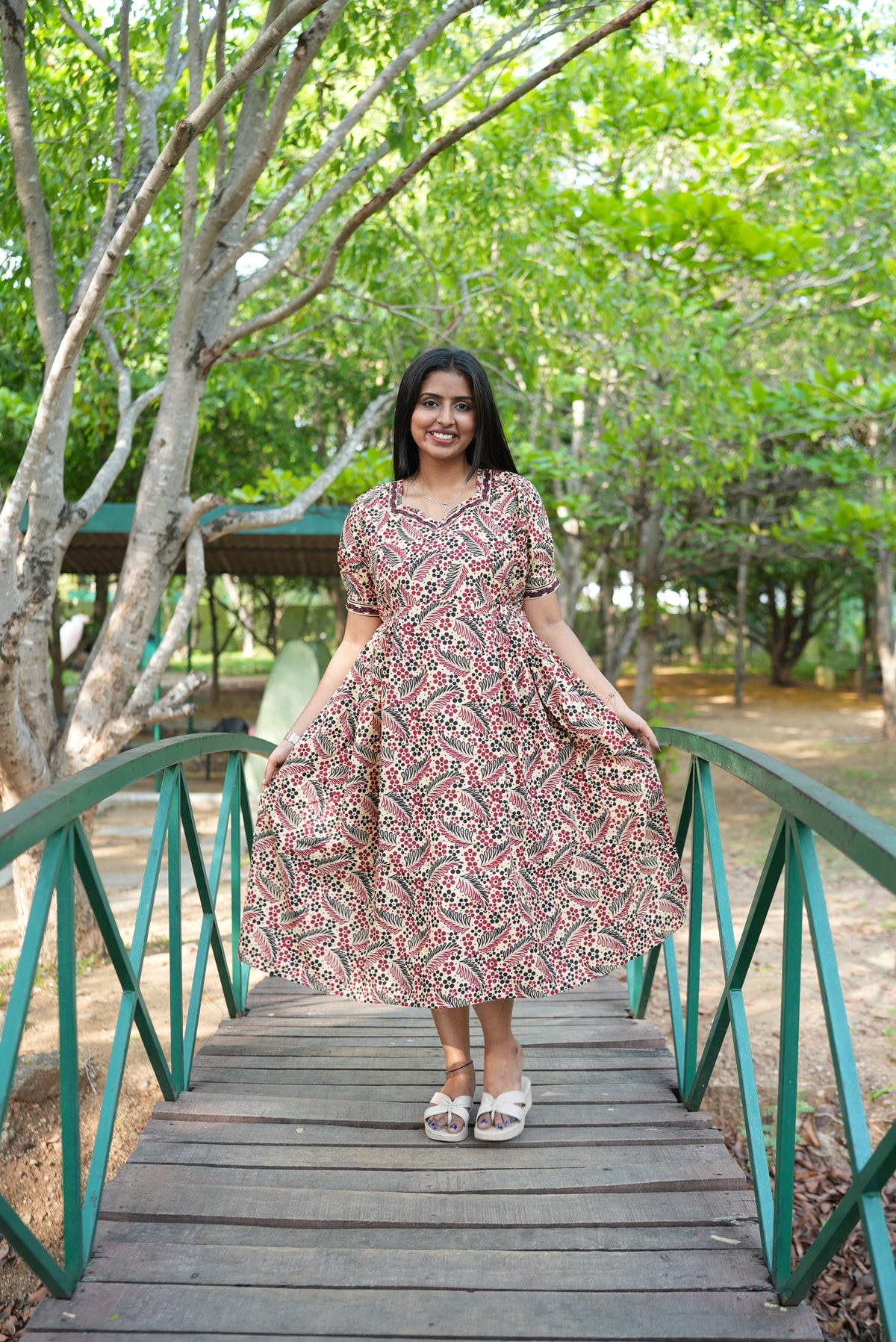 Berry Kalamkari Premium Cotton Maternity Maxi – Dual Invisible Zipper Feeding Dress with Square Neck & RegularSleeves