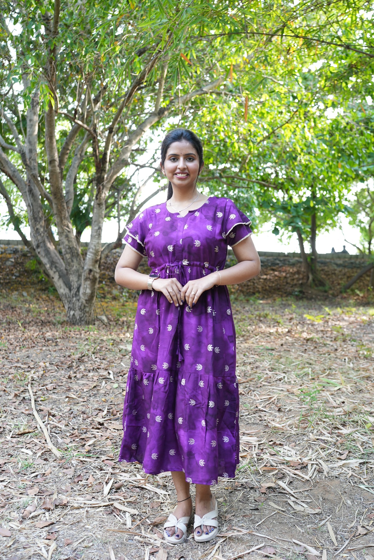 Emerald Forest Gold Foil Rayon Maxi Dress – Double Layer Flutter Sleeve Frock with Adjustable Waist & Pockets - Lightweight Breathable MAXI Frock