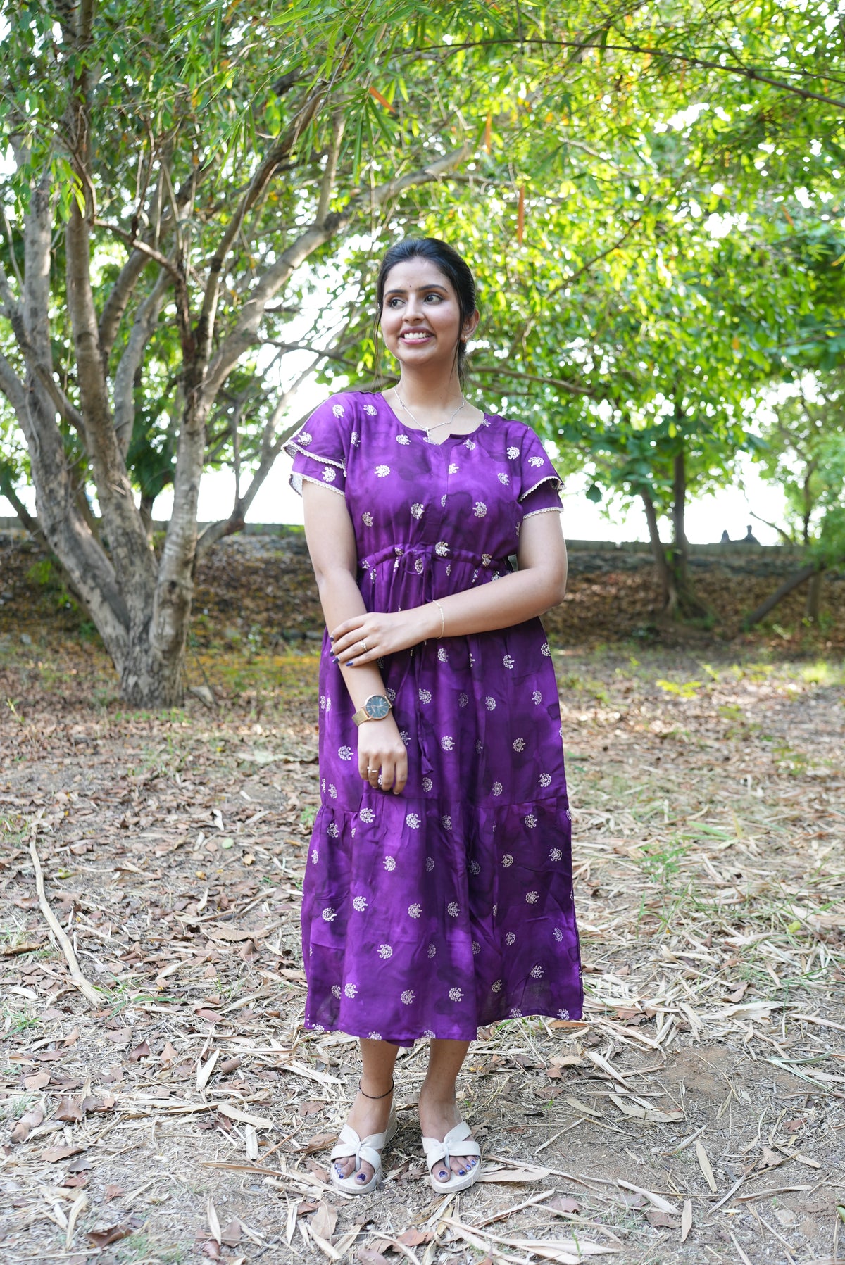 Emerald Forest Gold Foil Rayon Maxi Dress – Double Layer Flutter Sleeve Frock with Adjustable Waist & Pockets - Lightweight Breathable MAXI Frock